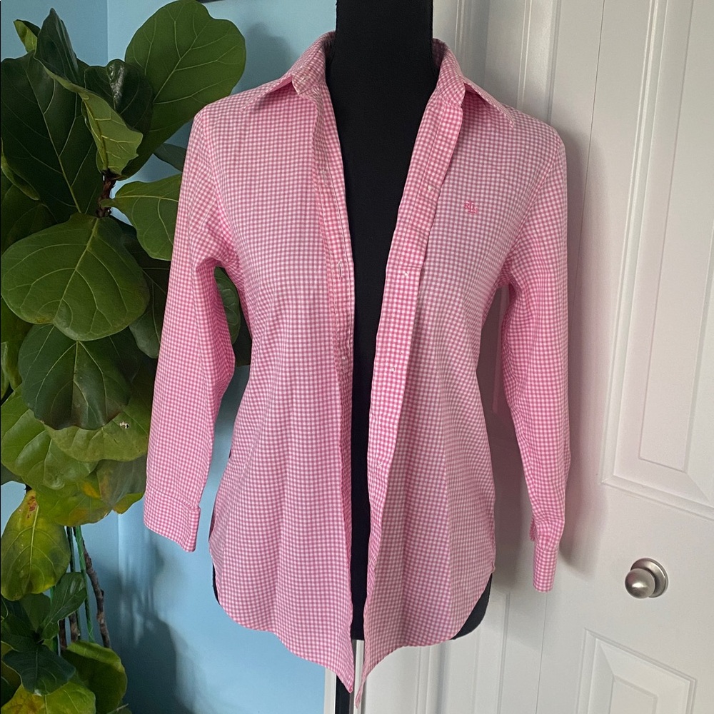 Classic Lauren Ralph Lauren Small Pink And White Checkered Button Up Blouse